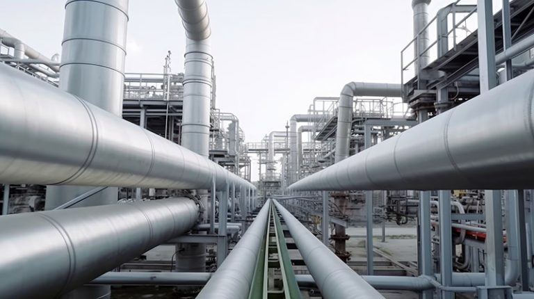Industry pipeline or rack transport petrochemical, gas and oil processing, factory turbine line, rack of heat chemical petroleum, equipment steel pipes, with Generative AI.